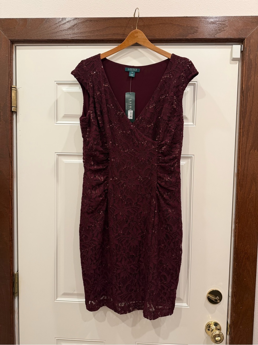 Lauren Ralph Lauren Burgundy Lace Cap-Sleeve Midi Dress